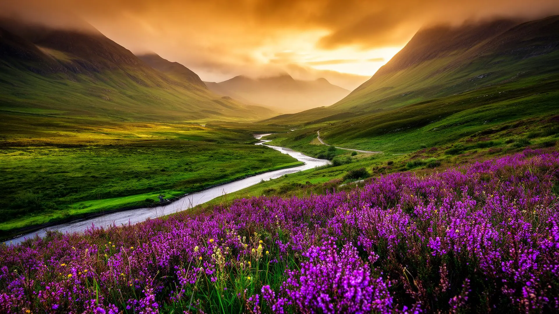 Cinematic wide shot of the Scottish Highlands